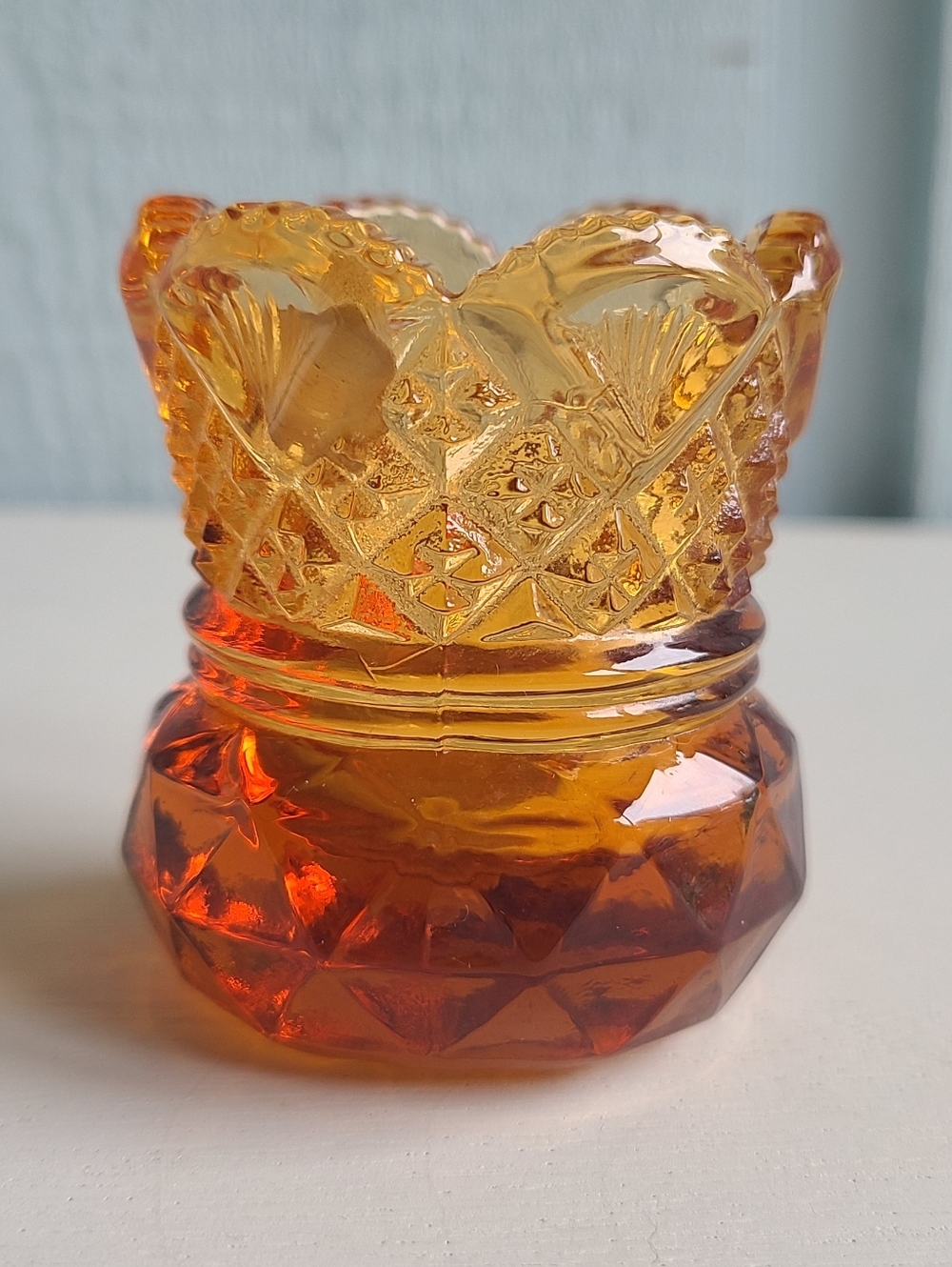 Westmoreland Golden Sunset Amber Diamond Fan Pattern Toothpick Holder